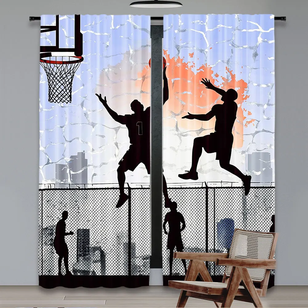 2Pcs Sports Curtains Basketball In The Street Theme Players Playing On Basketball Court For Bedroom Living Room And Dining Room