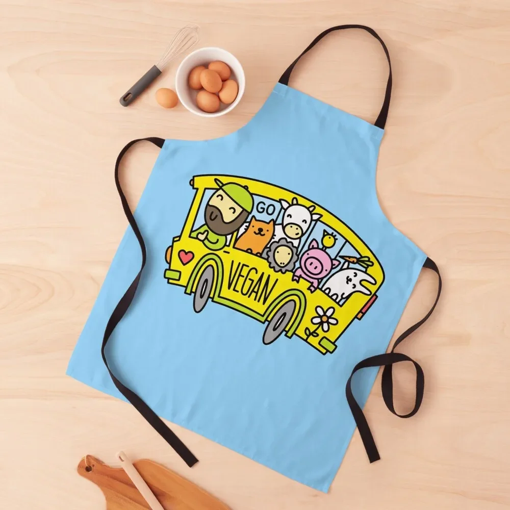 

Go Vegan Yellow Bus Happy Animals Apron For Nail Stylist Cute Kitchen Chef Uniform For Men Apron