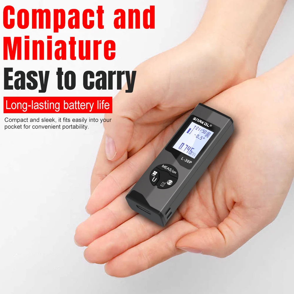 Лазерный дальномер, корпус из алюминиевого сплава, зарядка через USB, несколько режимов измерения, расстояние 30/50 м с углом, электронный уровень