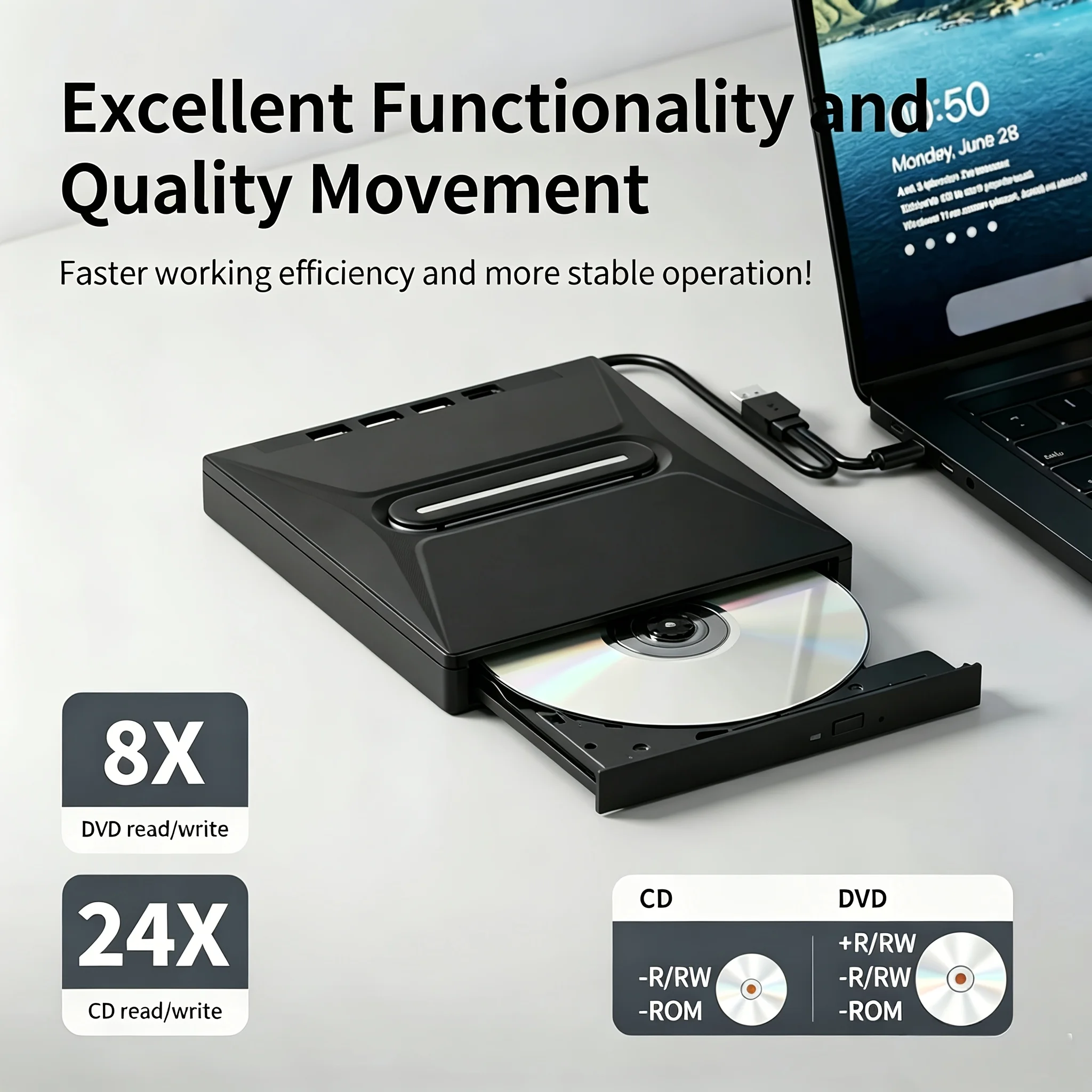 8‑in‑1 Glow‑in‑the‑Dark External CD DVD Drive, USB 3.0 Type‑C Portable CD/DVD +/-RW Burner Player Hub with 3 USB Ports, TF/SD Card Reader, Compatible with Laptops, Desktops PC, Windows & Linux OS