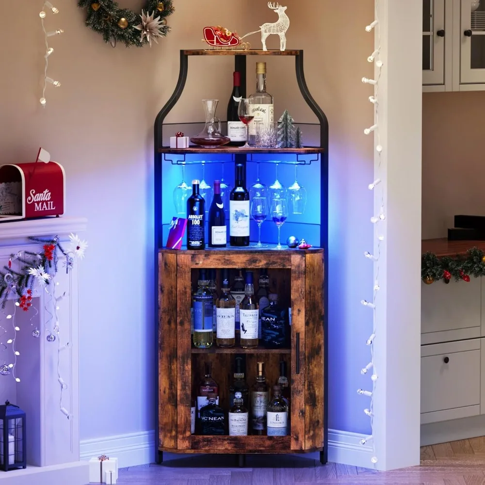 

Corner Wine Cabinet Removable Design with Glass Shelves Mesh Doors Compact Sideboard and Buffet Cabinet Ideal for Home Bar