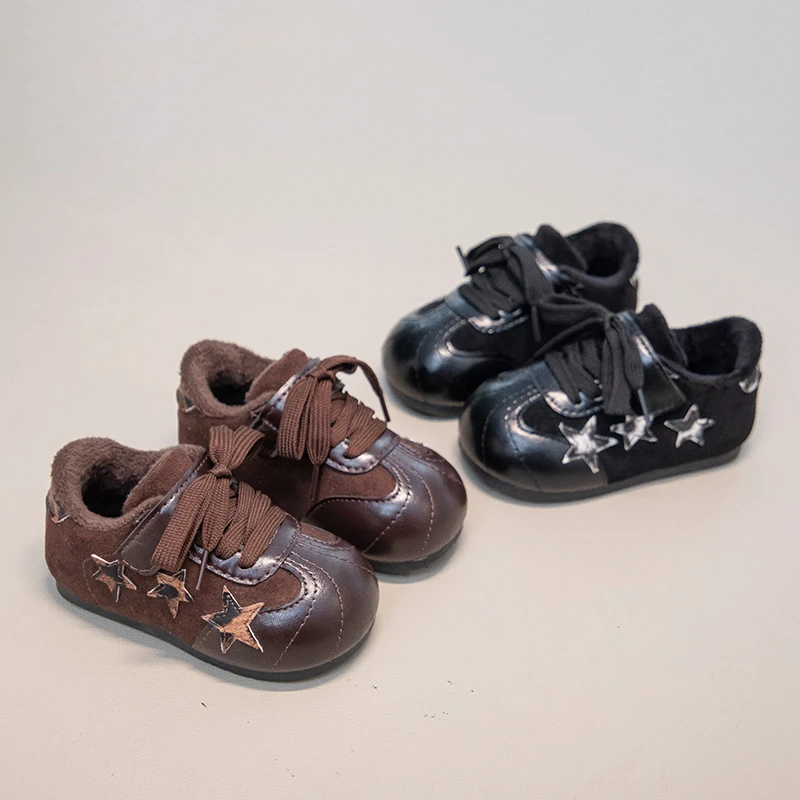 Kids Star Patch Fleece‑Lined Retro Sneakers, Toddler Faux Lace‑Up Hook‑and‑Loop Warm Winter Flat Shoes