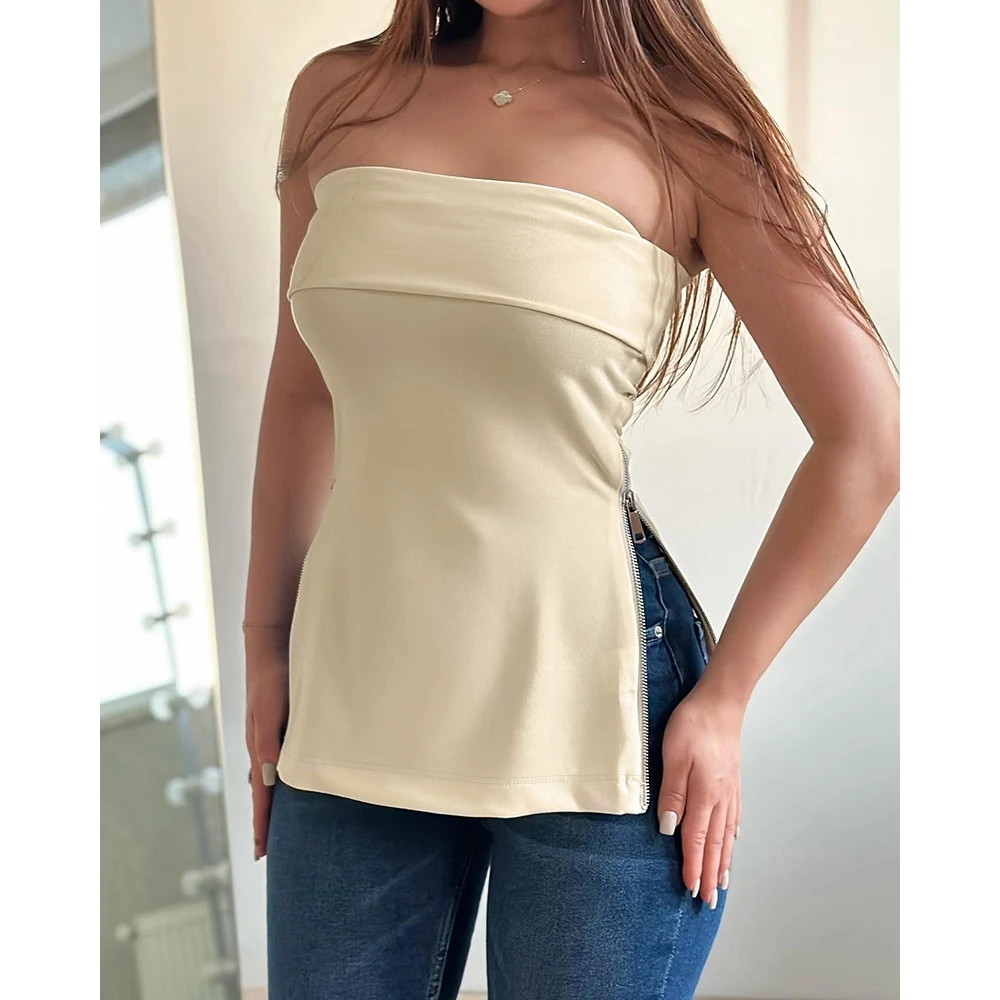 

Summer Zipper Sleeveless Casual Shirts for Women Sexy Elegant Vest Blouse Femme Fashion Korean Streetwear Strapless y2k Tank Top