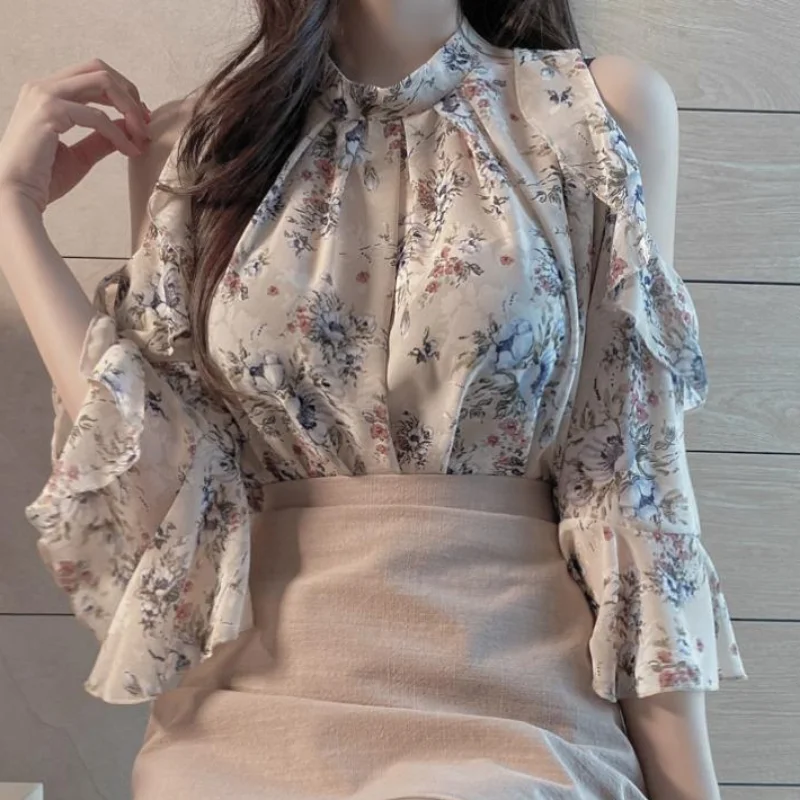 Blusas 2023 Summer Off Shoulder Floral Blouses Fashion Women Loose Short Sleeve Top Chiffon Shirt Para Mujer Korean New 9930