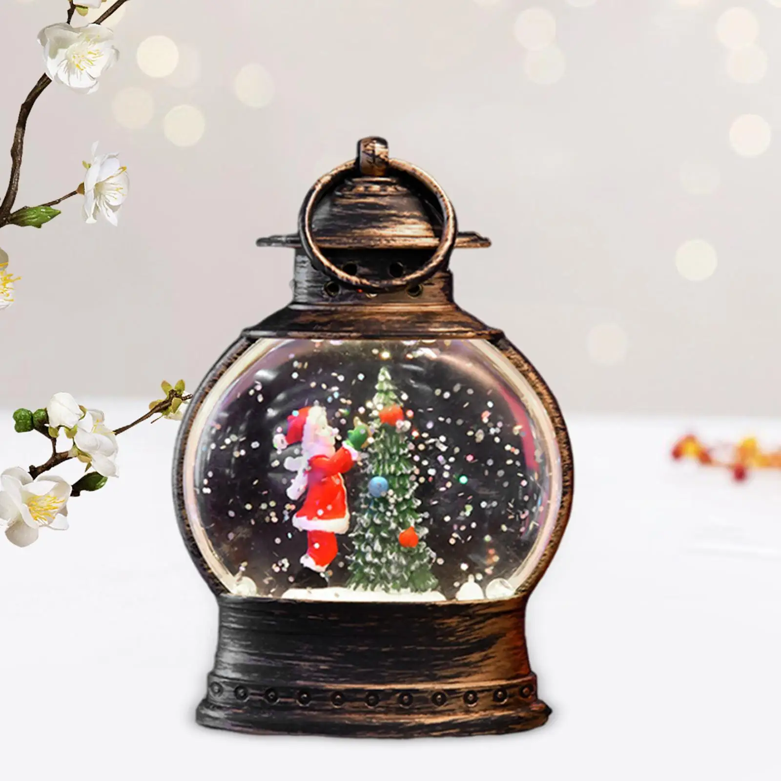 Glittering Snow Globe Lantern Ornament Resin Christmas Home Decor Warm Light Hanging for Office Study Room Gift Idea