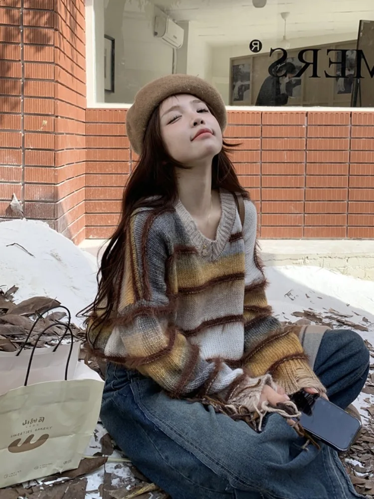 Damski sweter w paski Sweter z dzianiny 90s Estetyczny sweter z długim rękawem Harajuku Y2k 2000s Vintage Fashion Clothes 2024
