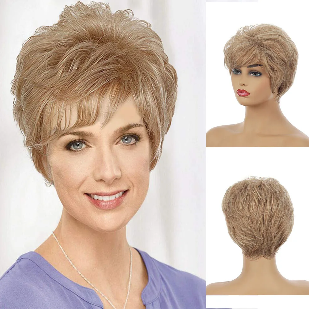 Ladies Short Nature Blonde Synthetic Wig Pixie Cut Wig With Bang For Women Daily Party Use Heat Resistant Fiber