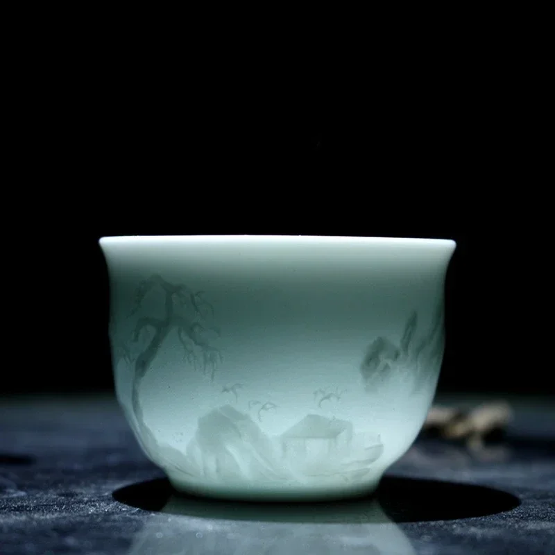 Celadon-Teetasse Chinesisches Keramik-Teeservice Handgefertigtes Porzellan Blaugrüne Glasur Landschafts-Teeutensilien Gongfu-Teezeremonie