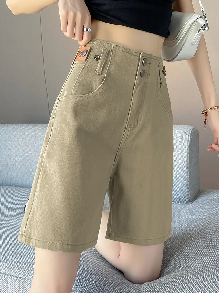 Short en jean droit pour femmes, ample, fin, double bouton, taille haute, mode, polyvalent, jambes larges, pantalon cinq quarts, été