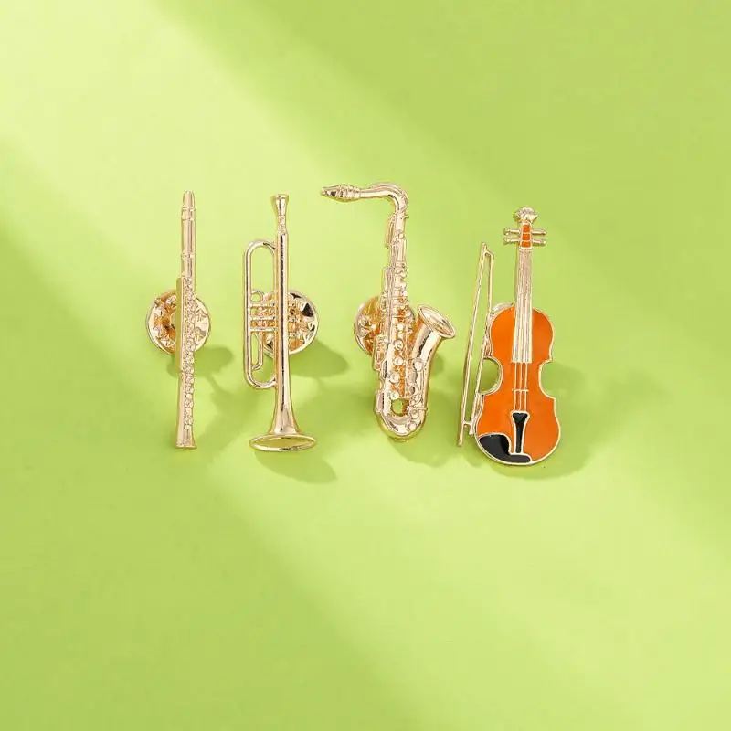 1Pcs Symphony Orchestra Badge Funny Musical Instruments Enamel Brooches Trumpet Clarinet Saxophone Violin Shaped Golden Pins - view 3