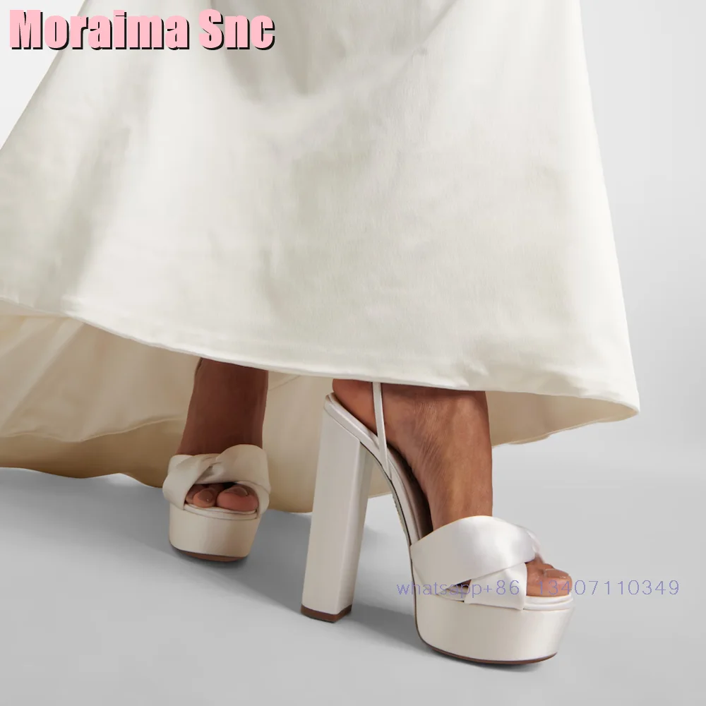 Satin Platform Round Toe Sandals Block High Heeled Ankle Buckle Strap Sexy Fashion Bridal Sandals White Solid Women's Dress Shoe