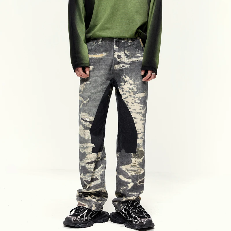 

JK9615 American heavy denim jeans men's tide loose street wide-leg retro splicing hip-hop straight tube