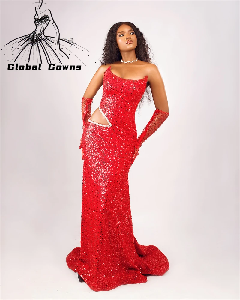 Red  Sweetheart Prom Dresses Sparkly Sequined Evening Dress With Glove Woman Party Nigh Robes De Soirée 2025 Arabic Customized