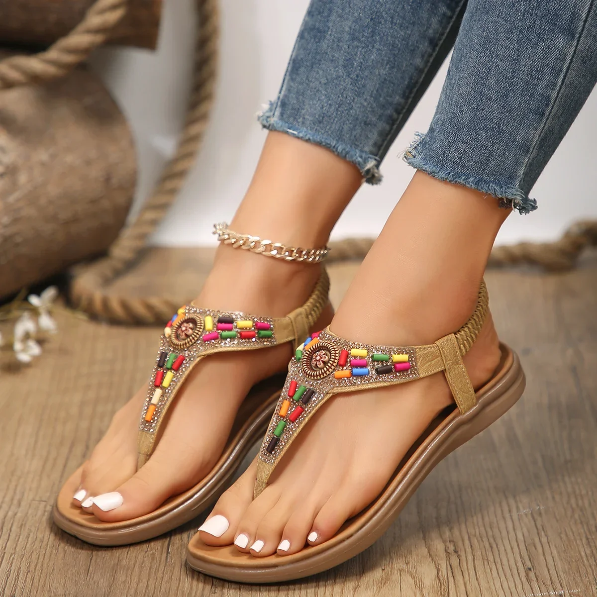 Women's Flat Heels Bahemian Sandals Summer 2024 Crystal Non Slip Beach Sandalias Mujer Soft Bottom Clip Toe Roman Shoes Woman