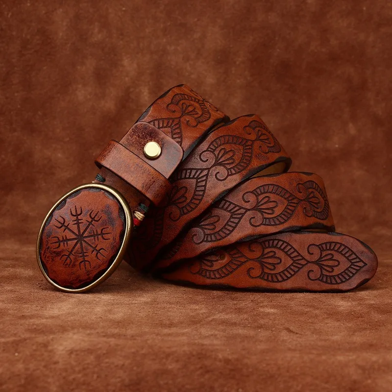 Retro Original Personalized Trendy Carved Patterns Smooth Buckle Strap Belt for Men Board Buckle Genuine Leather Cowhide Belts