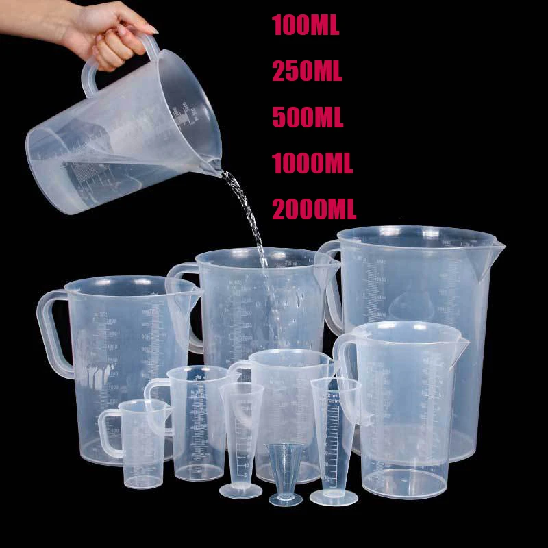 Vaso de medición de plástico transparente para laboratorio de alimentos, contenedor de capacidad para báscula de cocina, 100/250/500/1000 ML, 1