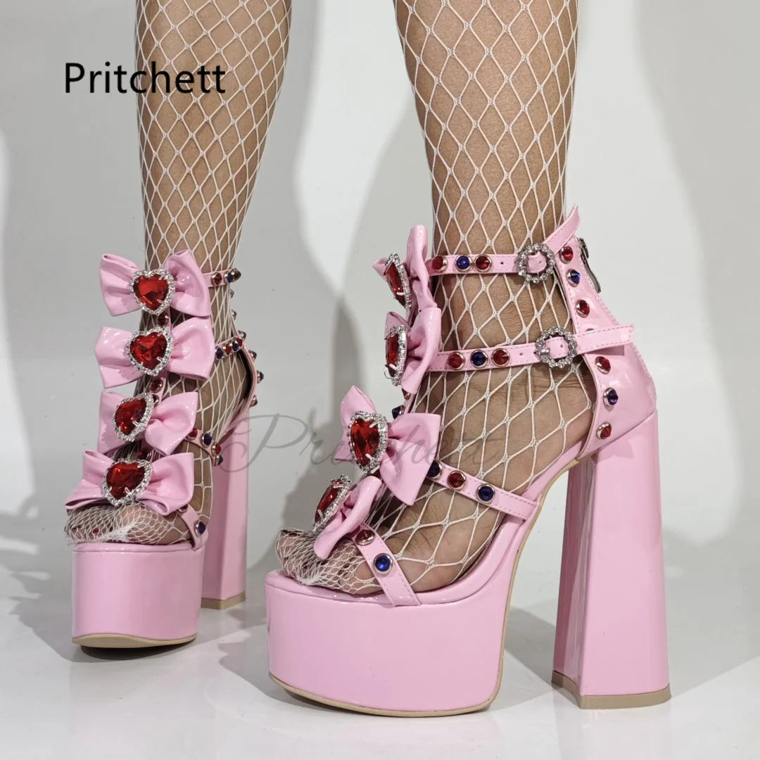 الوردي فراشة عقدة منصة الصنادل النساء الحلو جميل كريستال القلب البريدي كتلة عالية الكعب الجلود الكاحل حزام لوليتا الأحذية #5