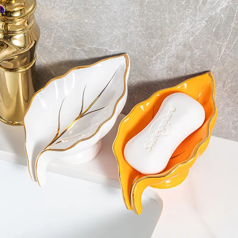 

Ceramic Leaf-Shaped Square Soap Box Bathroom Drain Soap Rack Home Toilet Shelf Wall-mounted Double-layer Storage Rack Accessorie