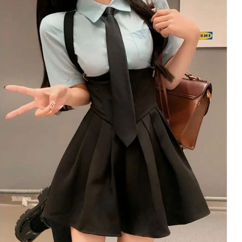 Extra Large Preppy Style Retro Blue Shirt with Tie Sexy Outfit High Waist Corset Strap Pleated Skirt COS JK School Uniform Suit