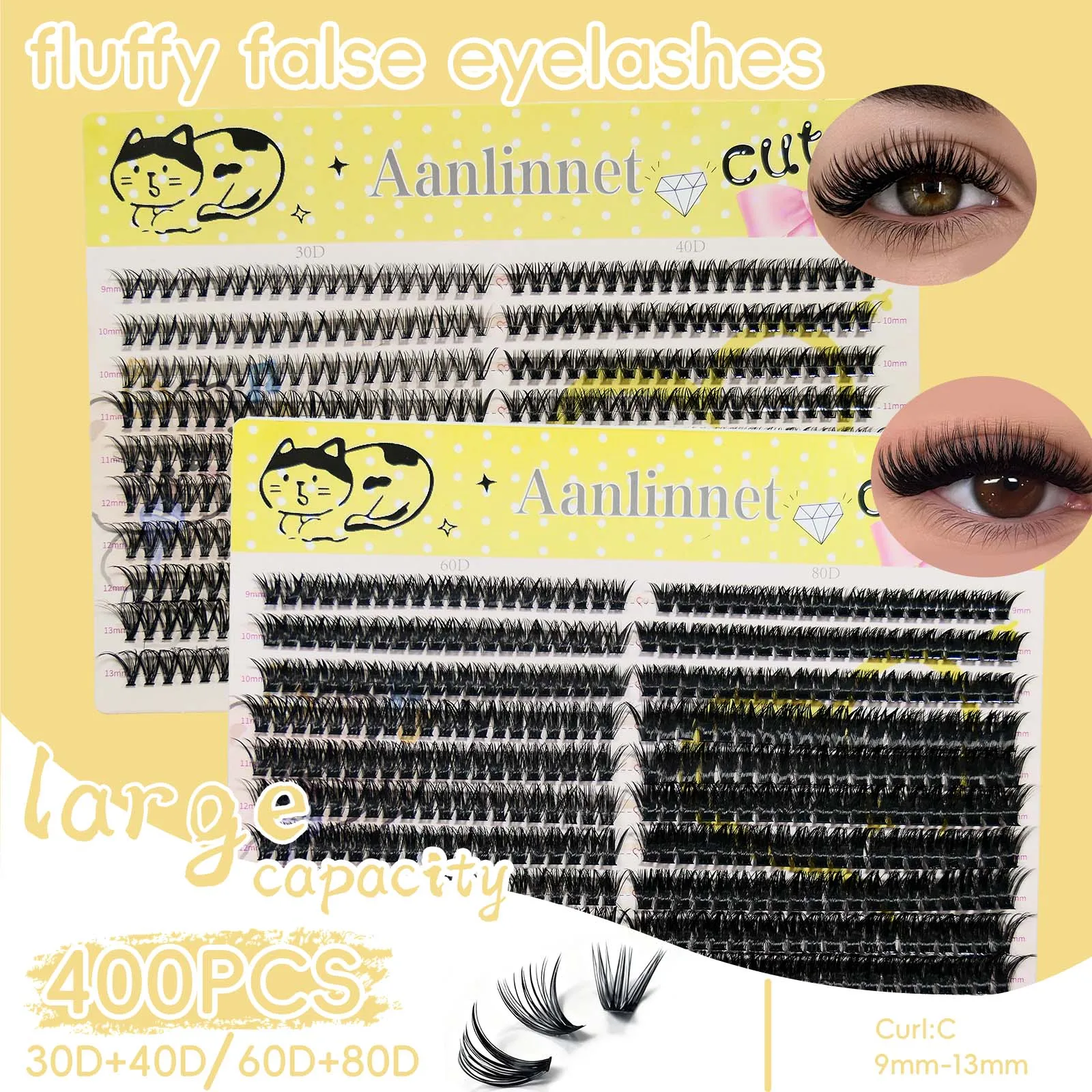 20 Reihen, 1 Box 400 Cluster, natürliche Wimpern mit großem Fassungsvermögen, einfach zu tragen, wiederverwendbar, DIY-Make-up, künstliche Wimpern