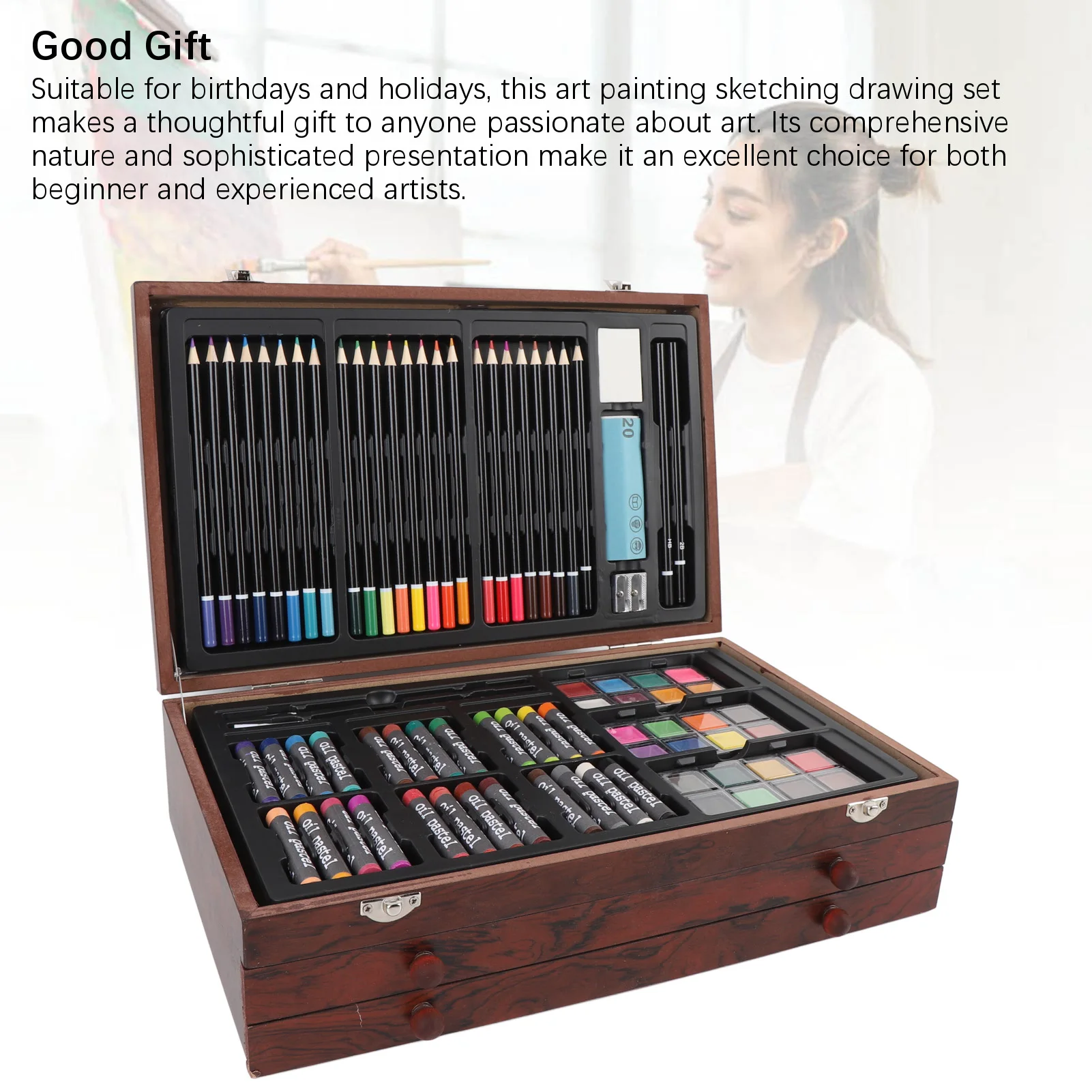 طقم رسم فني مكون من 142 قطعة، صندوق خشبي، مجموعة رسم ورسم، صندوق تخزين محمول قابل للطي، مجموعة توفير المساحة للمدرسة #4