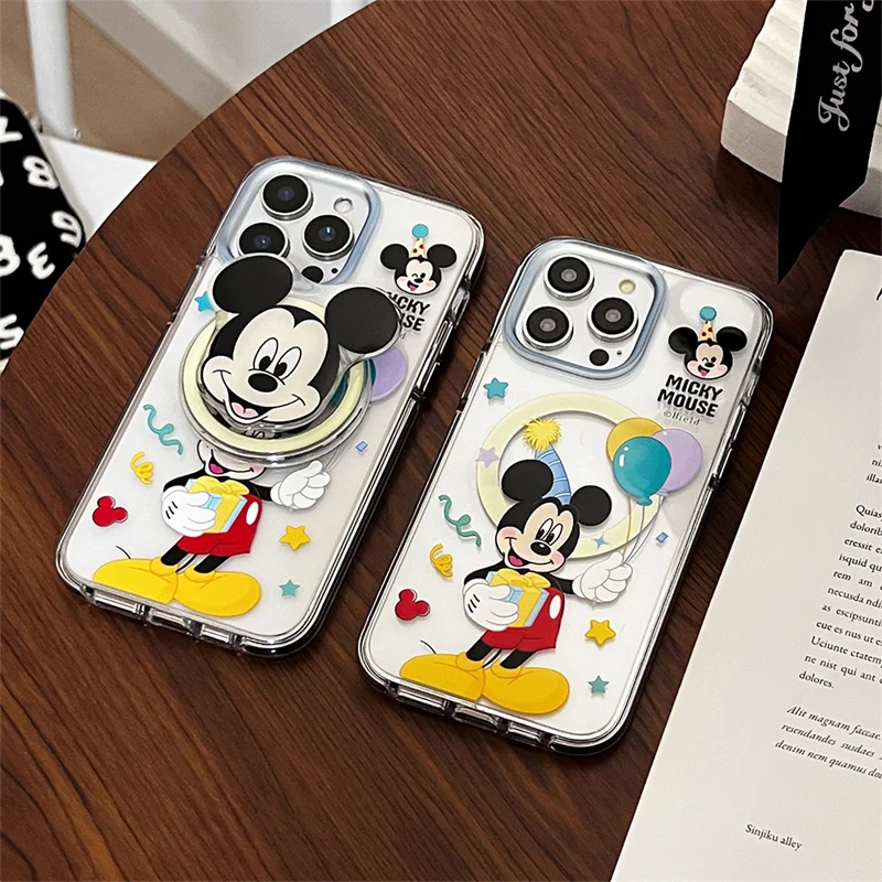 Cute Disney Cartoon Color Balloon Mickey Funny Magsafe Wireless Charge Phone Case For iPhone 13 14 15 Pro Max Magnetic Holder