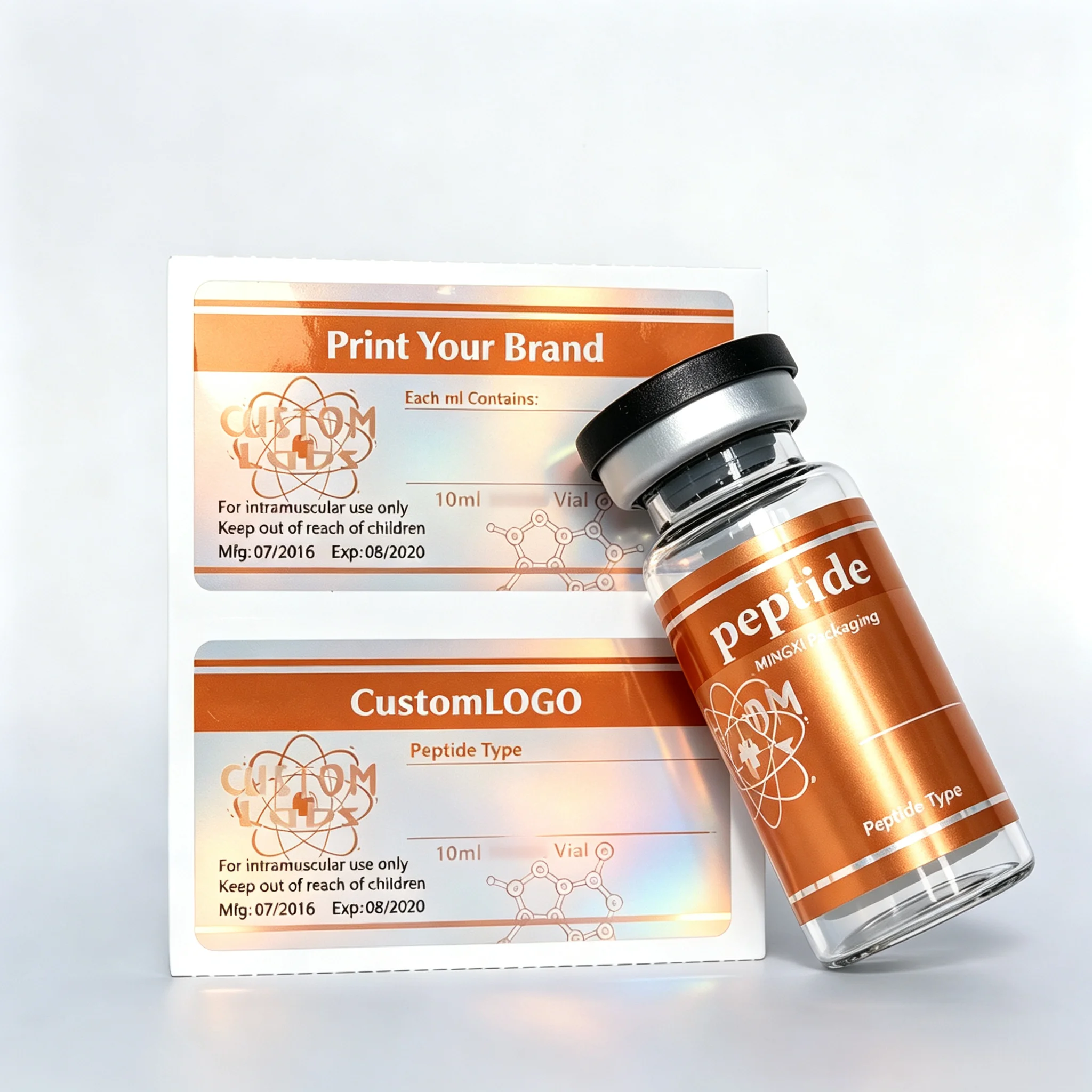 Premium Personalized Holographic Vinyl Decals Waterproof Peptide Stickers Free Art Design for 3ml 10ml Fitness Vials