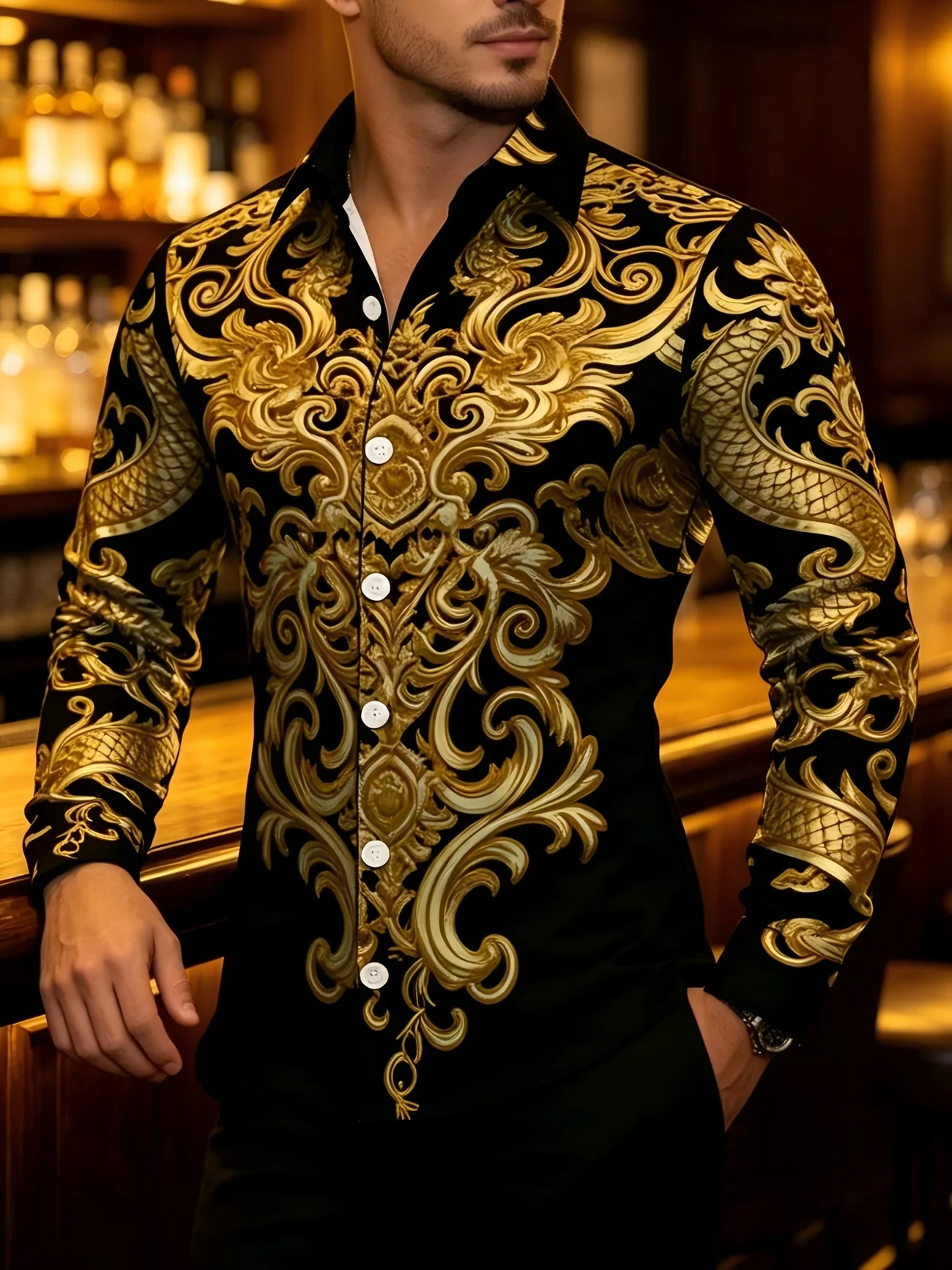 New Black Bottom European Baroque Curly Grass Embossed Texture Printed Men's Collar Hanging Long Sleeve Shirt