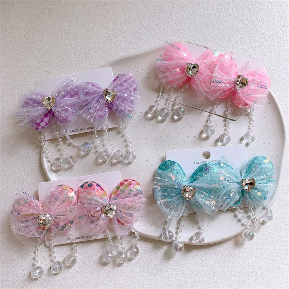 

Hair Accessories Children's Bow Hairpin Girl Mesh Hair Clips Sequin Butterfly Beaded Tassel Baby Headdress For Kids