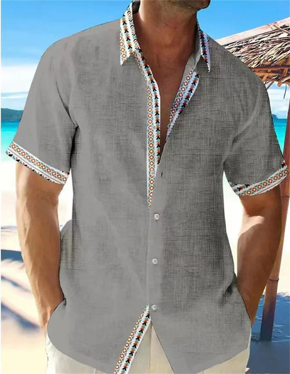 Camisa hawaiana de lino de manga corta para hombre, cárdigan informal con estampado étnico, talla grande, color sólido, Verano