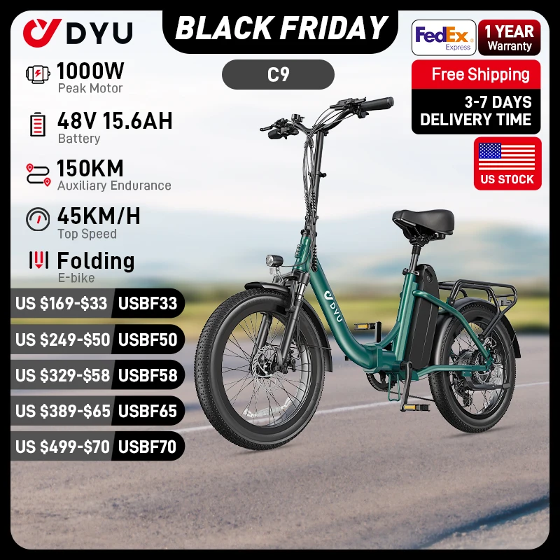 DYU C9 Electric Bicycle Peak 1000W Motor 48V15.6AH Lithium Battery Electric Bike Hydraulic Brake 20*3.0 Inch Fat Tire E-bike