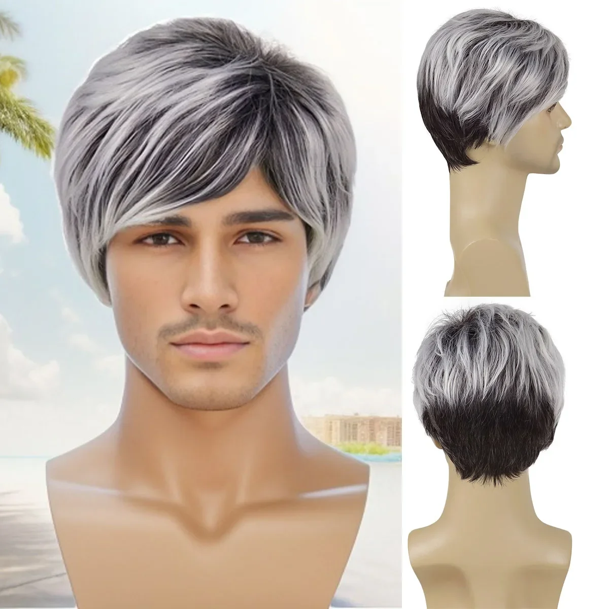 Synthetic Hair Wigs Short Haircuts Men Mix Grey Wig with Bangs Blanche Wig Older Man Cosplay Costume Wigs Ombre Gray Wig Male