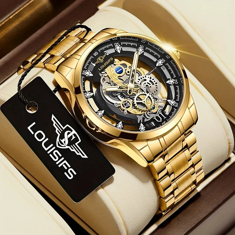 1pc Men's Transparent Double-sided Hollow Student Fashion Business Wrist Quartz Watches With Stainless Steel Strap