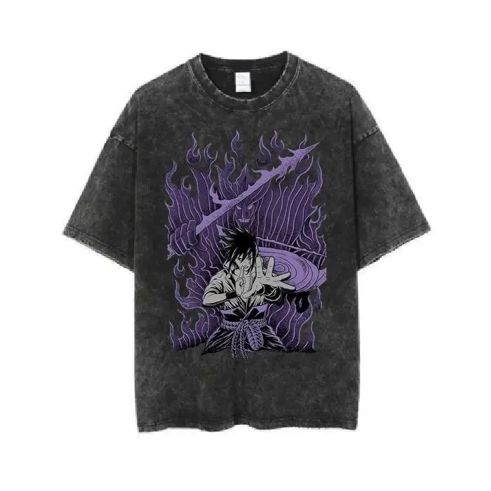 T-shirt à manches courtes Naruto Sasuke, délavé et usé, tendance mode estivale, vêtements oversize, Anime Uchiha