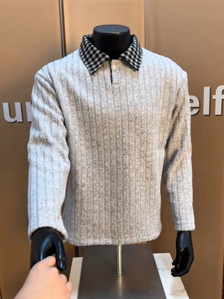

Gray Plaid Neck Sweatshirt Men's Thickened Fleece Long Sleeve T-Shirt American Style Shoulder Stripe Base Shirt Autumn W...