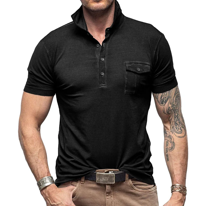 Men's Solid Color Short-sleeved T-shirts Summer Outdoor Lapel Polo Pockets Tops Fashion Casual Comfortable Breathable T Shirt