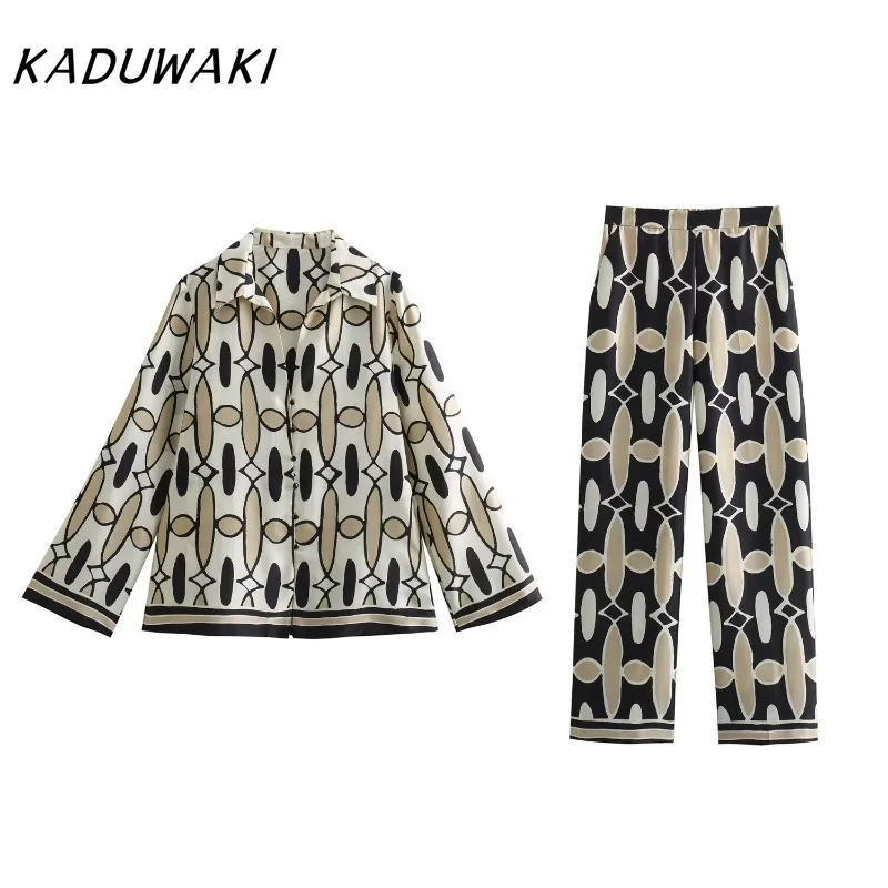 

KADUWAKI Women Geometric Print Shirt Pants Suit V-neck Long Sleeves Top High Waist Hidden Zip Straight Leg Pants Female Chic Set