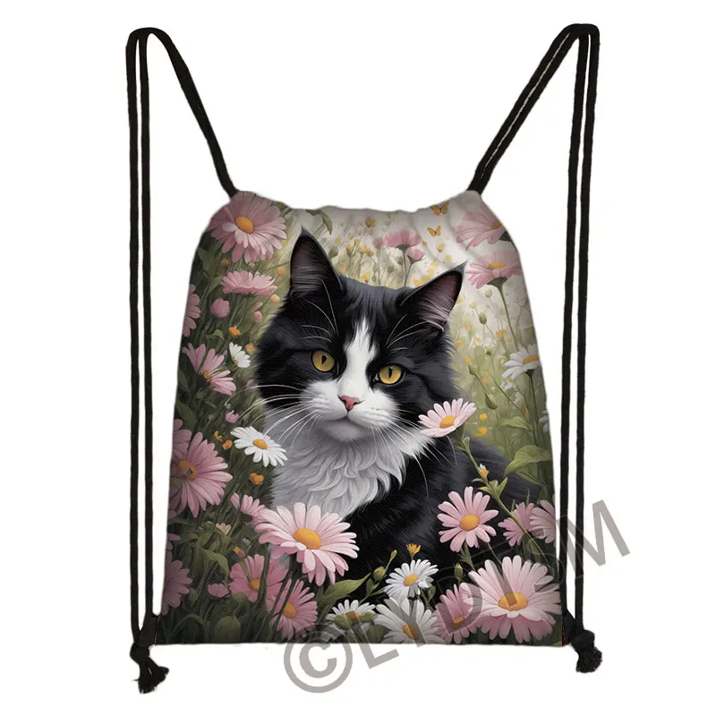 การ์ตูนดอกไม้แมวพิมพ์กระเป๋าสตางค์ Kawaii Black Cat Moon กระเป๋าเป้สะพายหลังสําหรับเดินทางวัยรุ่นกระเป๋าหนังสือรองเท้าผู้ถือกระเป๋า