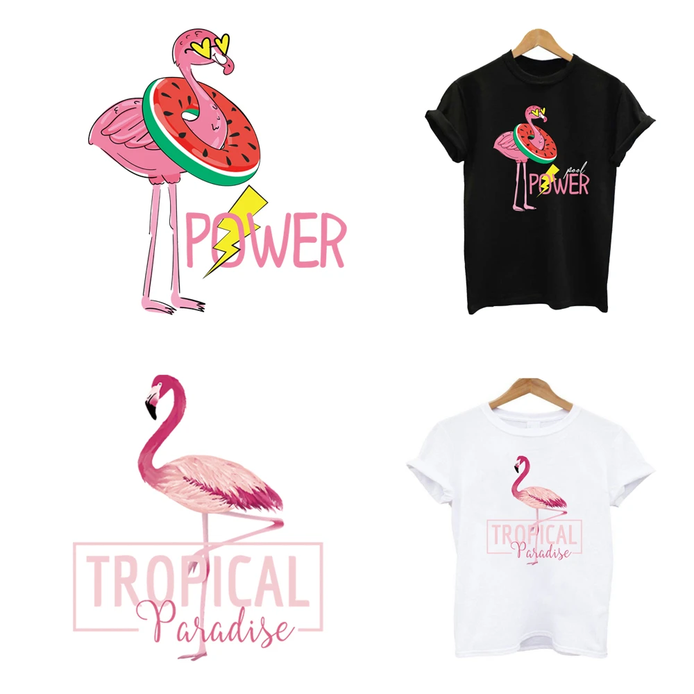 2Pcs/Lot Flamingo Animal Iron On Heat Adhesive Thermal Transfer T Shirt Stickers Fusible Patch For Clothing Ironing Application