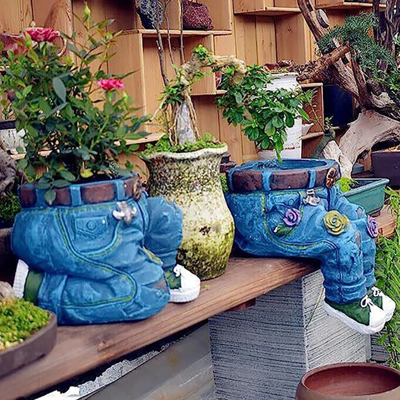 1Pc Jeans Broek Vorm Bloempot Hars Standbeeld, Sappige Pot Bloem Planter Voor Binnentuin Gazon Veranda Terras Buiten
