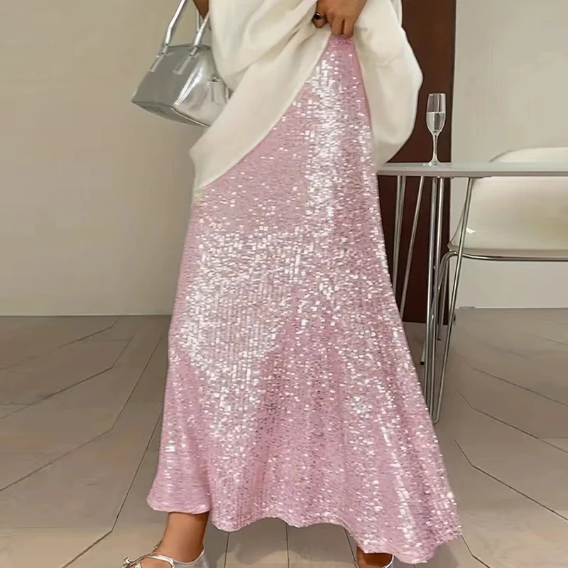 2024 Spring Glitter Sequin Shiny Women Skirts Elegant High Waist Slim A-Line Long Skirt New Summer Sexy Streetwear Ladies Skirts