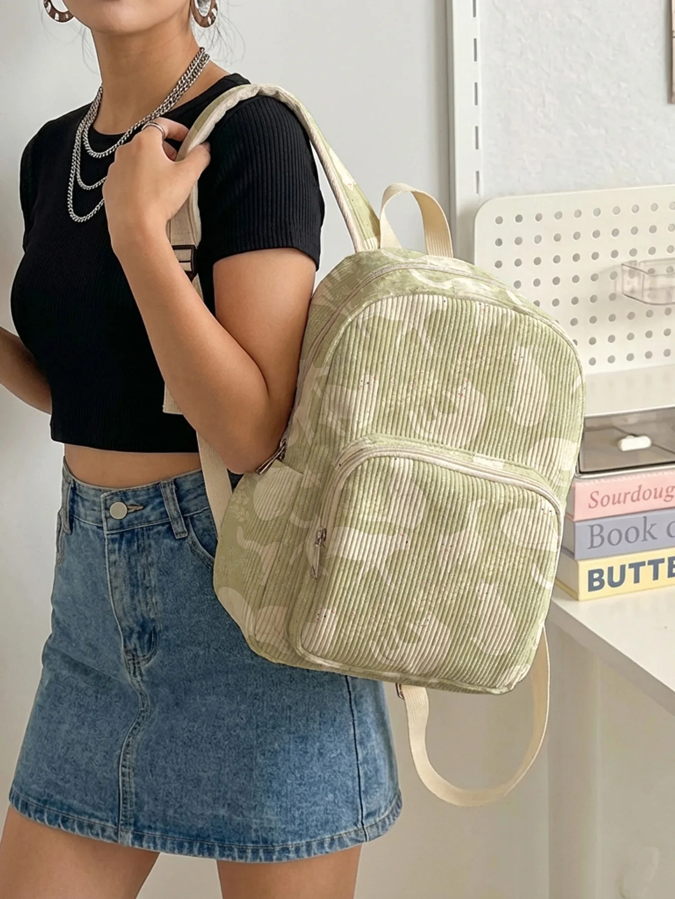 Cute Cat Allover Print Women Fashion Backpack Corduroy Multi-pocket Large Capacity Commuter Bag