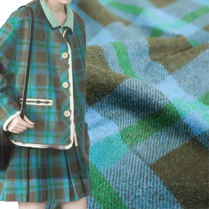 2 Yards Vintage British Green Striped Plaid Wool Fabric Designer Clothing Fabrics for Coats and Jackets
