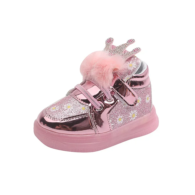 Girls Glowing Sneakers with LED Light Fashion Soft Fluffy Bow-knot with Crown Princess Flowers Children Glitter Luminous Shoes