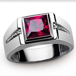 Fashion Simple Engagement Jewelry Mixed Color Red Green Blue Square Zircon Gold Color Silver Color  Metal Ring for Men