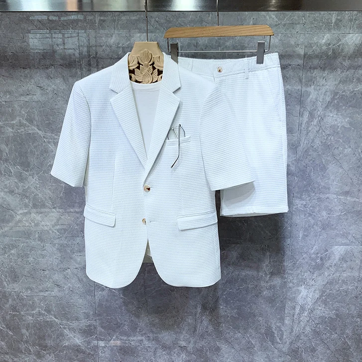 Pantalones cortos de verano para hombre, chaqueta fina de gama alta, traje coreano británico, moda informal, conjuntos de manga corta, blanco, 2023