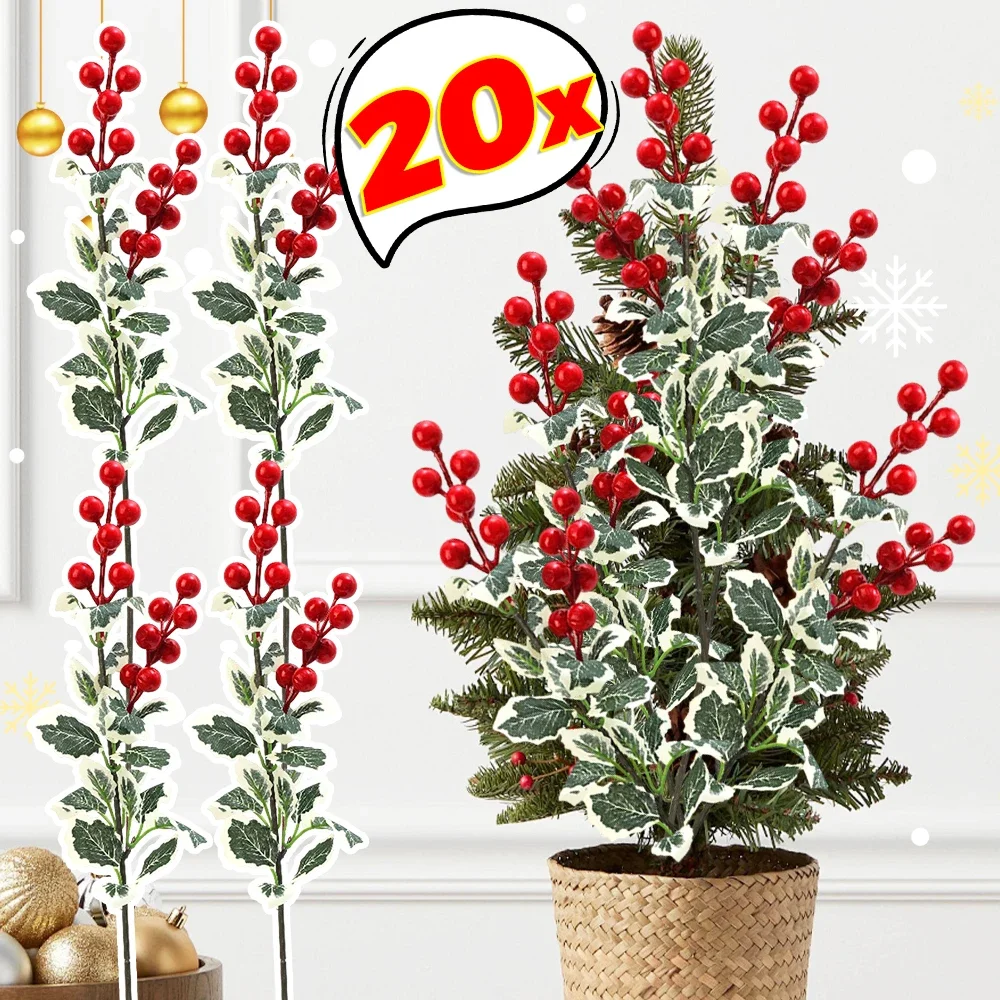 20/1PCS Articifial Holly Leaves Berry Branch Christmas Flowers DIY Ornaments New Year Party Gift Packaging Home DIY Decorations