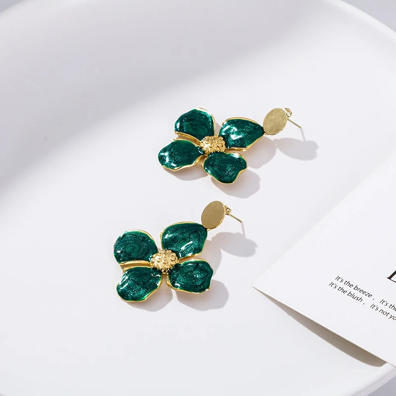 Stainless Steel Drip Oil Contrasting Flower Earrings Accessories Colored Enamel Leaves Long Pendant High-end Feeling Ear Studs