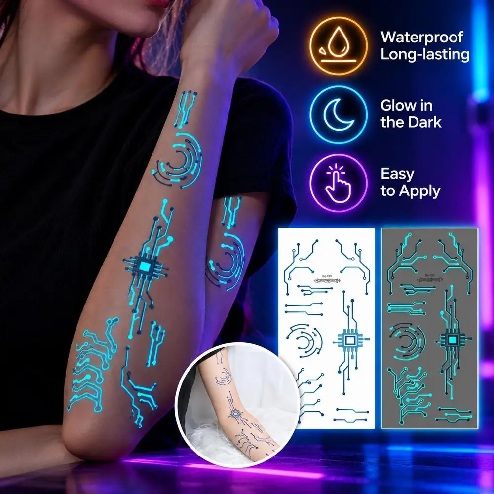Luminous Circuit Board Temporary Tattoo Sheets Glow In The Dark Mechanical Temporary Tattoos Funny Body Art Stickers