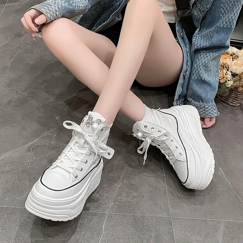 2024 Spring Fashion Women Ankle Boots High Platform Canvas Boots 8CM Wedge Heels Sneakers Woman Autumn Thick Sole Short Boots